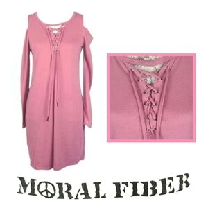Moral Fiber Vintage Pink Mauve Cold Shoulder Dress, Crisscross Neckline, Size